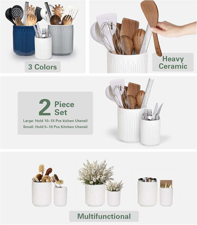Utensil Holder, 7.3"+5.4" Ceramic Kitchen Utensil Holder for Countertop, Large Cooking Utensil Crocks for Kitchen Counter, Organizer Decor, Spatula Cutlery Holder, Set of 2, White