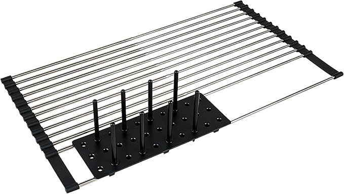 South Bend Components 12-23” Folding Dish Rack, Over Sink Drainer Mat, Stainless Steel Dish Drainer RackRustproof, Anti-Slip, Space Saving, Water Drainer Glass Stand, Plastic Bottle Stand