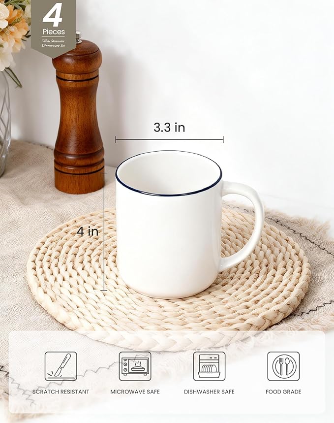 OTAGO Coffee Mugs for 4, 12 oz Mug Set, Dringking Cup with Handle for Coffee, Tea, Cocoa, Blue Rim