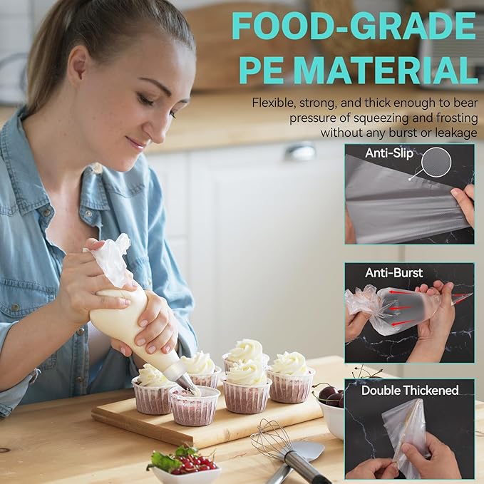 HOTEC 100Pcs 12 Inch Anti-Burst Disposable Piping Bags, Non-Slip Food Grade BPA-Free Pastry Bags for Cake, Cupcake, Cookie Cream Frosting Decorating Baking Supplies