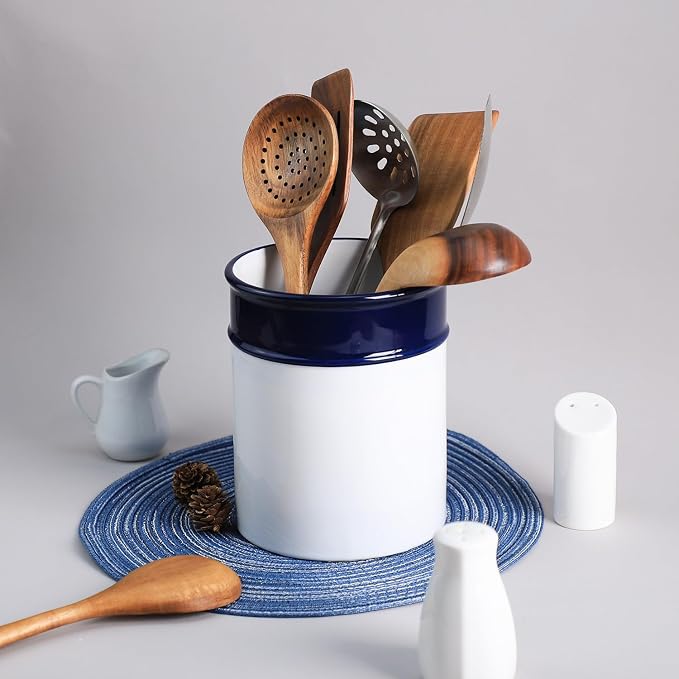 Ceramic Navy Blue Pattern Kitchen Utensil Holder, Large Cooking Utensil Crocks for Kitchen Countertop, Simple Style Utensil Organizer