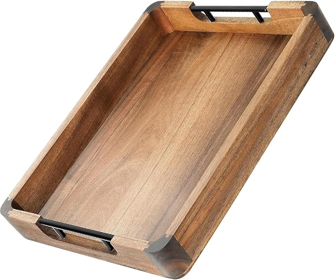 Acacia Wood Extra Large Serving Tray with Handles - Stylish Ottoman Tray for Coffee Table & Kitchen Island Decor | Decorative Trays for Resturant, Cafe, Breakfast, Multipurpose Organzier
