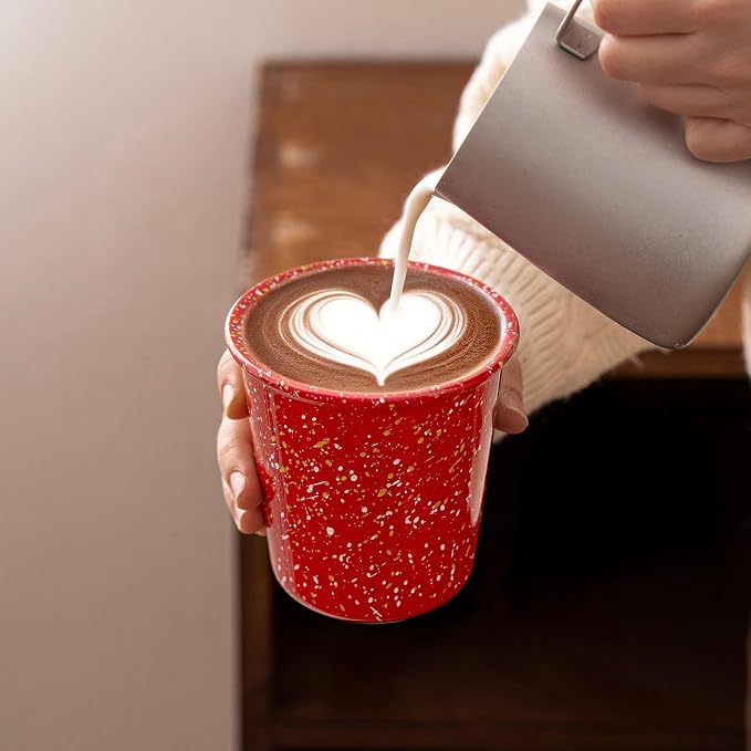 Coffee Cups Ceramic Farmhouse Speckled Handleless 10oz Set of 4, for Latte, Cappuccino, Mocha, Cocoa, Stackable, Drip-Free, Lead-Free, Microwave & Dishwasher Safe, Red