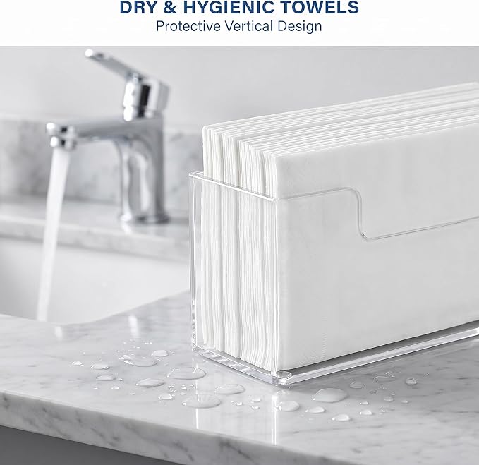 Acrylic Guest Towel Holder Tray for Bathroom – Vertical Paper Towel Holder for Disposable Hand Towels, Clear Waterproof Napkin Organizer for Bathroom Countertop or Kitchen Sink