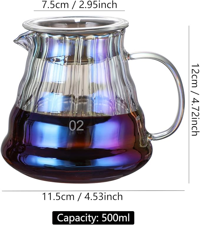 MISETTO Iridescence Glass Coffee Server - Colorful Standard Carafe for Pour Over Coffee Maker, Heat Resistant Pot, 500ml (17oz), Single Cup, Clear