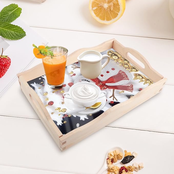 DIY Diamond Serving Tray Rectangular Breakfast Tray with Handle Handmade Diamond Art Painting Wooden Tray for Dinner Plate Coffee Room Living Home Organizer-Snowman02