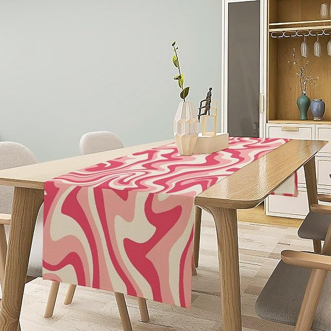 Aesthetic 70S Pink Table Runner Mid Century Abstract Wavy Swirl Cute Retro Boho Groovy Dinner Runner for Farmhouse Country Home Kitchen Dining Table Party 13x36in