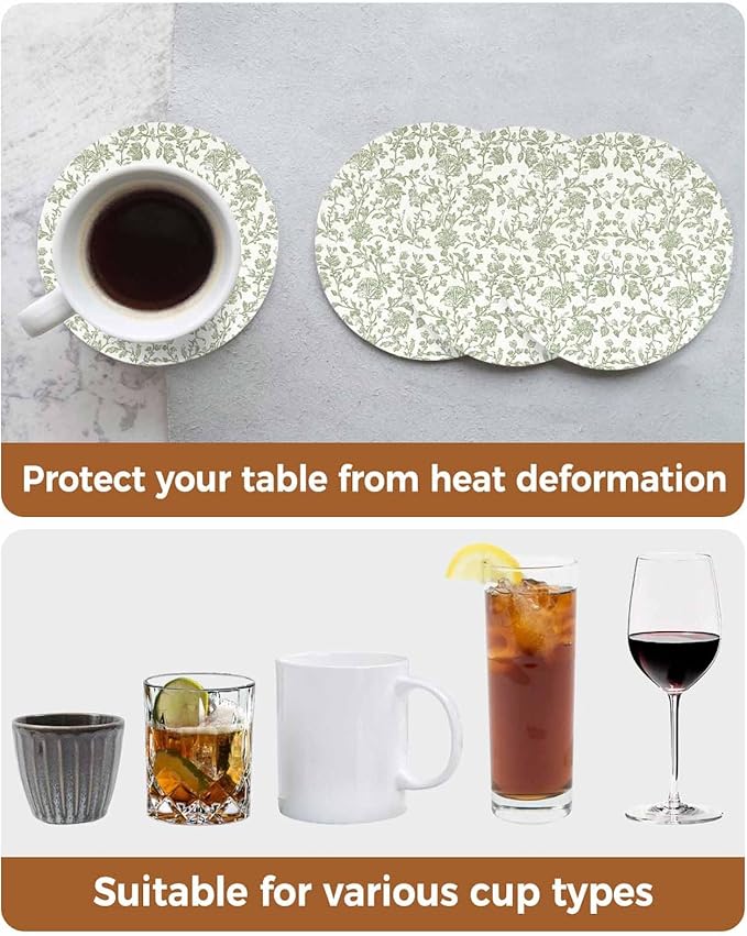 Drink Coasters Sage Green Pastoral Flower Absorbent Stone Ceramic Coaster with Cork Back and NO Holder for Cups, Set of 4-Piece Farmhouse Coasters for Drinks