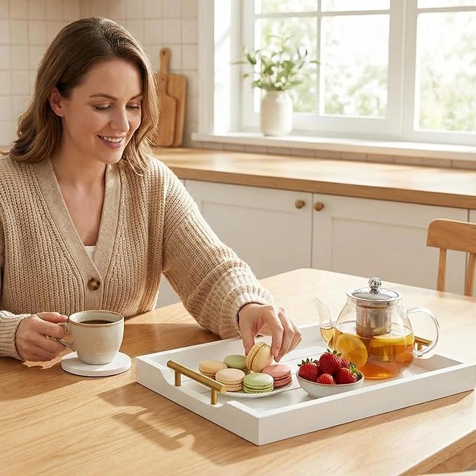 Wood Serving Tray with Metal Handles, 17x13in Large Wooden Tray for Ottoman, Coffee Table, Breakfast, Dinner & Bar, Decorative Tray for Living Room, Bedroom, Bathroom and Kitchen, White