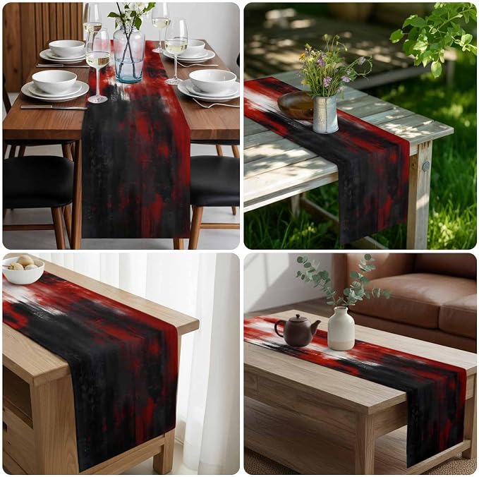 Retro Black Red Table Runners 70 Inches Long, Cotton Linen Fabric Table Runner Dresser Scarf, Abstract Bohemia Minimalist Aesthetic Art Tablerunner for Party/Kitchen/Dinner/Wedding Decor 13"x70"