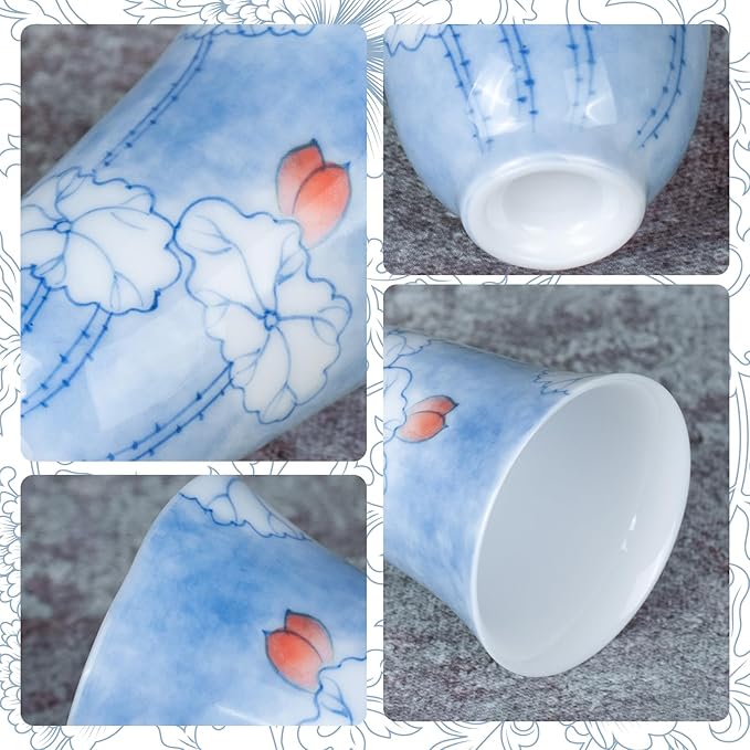 KAMMAK Ceramic Tea Cups Small, Cute Vintage Coffee Cup Set of 2, Porcelain Teacups Espresso Mug, 1.7oz Hand Painted Chinese Afternoon Tea Party Mugs, Birthday Gift for Women Men, Scented Lotus
