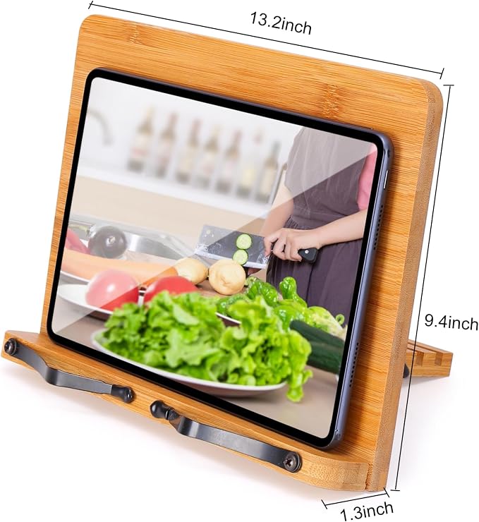 MEGREZ Bamboo Book Stand, 13.2 x 9.4 inch, Foldable Cookbook Holder with 6 Adjustable Heights, Reading Stand for Recipe, Music, Textbook, Tablet, Stay Positive