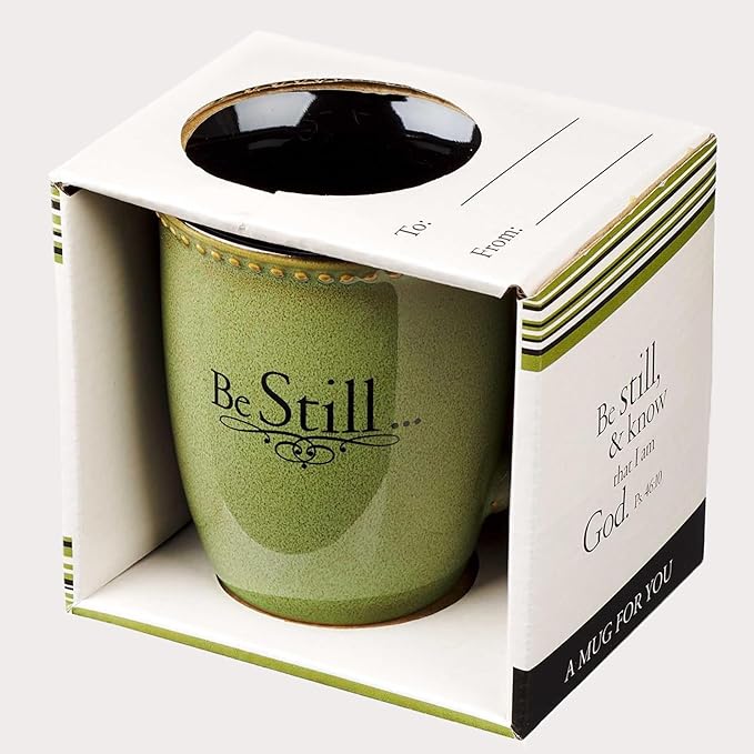 Christian Art Gifts Sage Green Stoneware Coffee Mug – 13 oz. Microwave and Dishwasher-safe Lead-free Inspirational Scripture Coffee and Tea Mug for Men & Women with Bible Verse: Be Still – Psalm 46:10