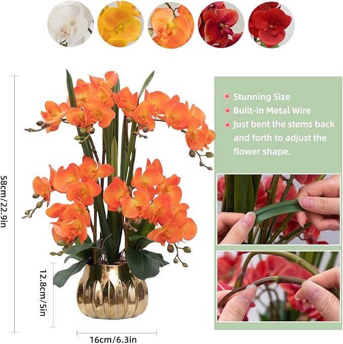 CXGS Artificial Orchid Flower Real Touch Faux Orchids in Ceramic Vase Large 22.9'' Fake Flowers Orange Phalaenopsis Floral for Home Indoor Decor