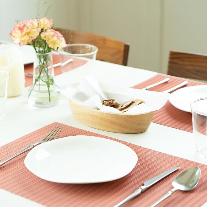 Placemats Set of 6 Vinyl/Plastic Woven Place Mats for Kitchen Table Indoor/Outdoor Washable Placemat Wipeable Dining Table Mats (Red Stripes,6)