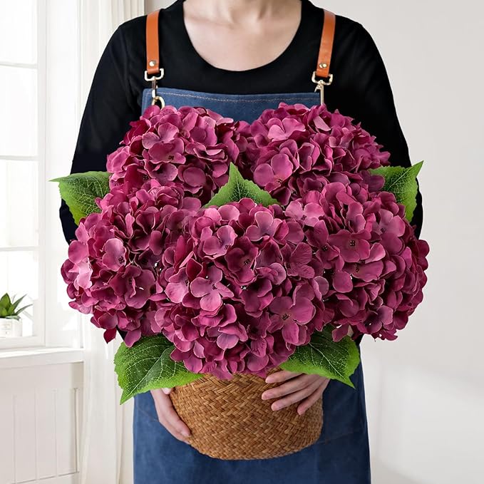 JINWOE Silk Hydrangea Artificial Flowers, 5Pcs 20Inch Large Lifelike Silk Artificial Hydrangeas, Full Fake Flowers for Bouquet Table Centerpieces Wedding Indoor Home (Majestic Purple)