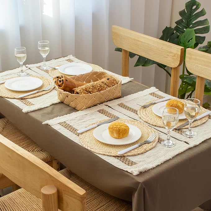 Openwork Placemats with Tassels for Dining Table Decor, Cotton-Linen Blend Rectangle Farmhouse Rustic Style Woven Table Mats - Set of 4