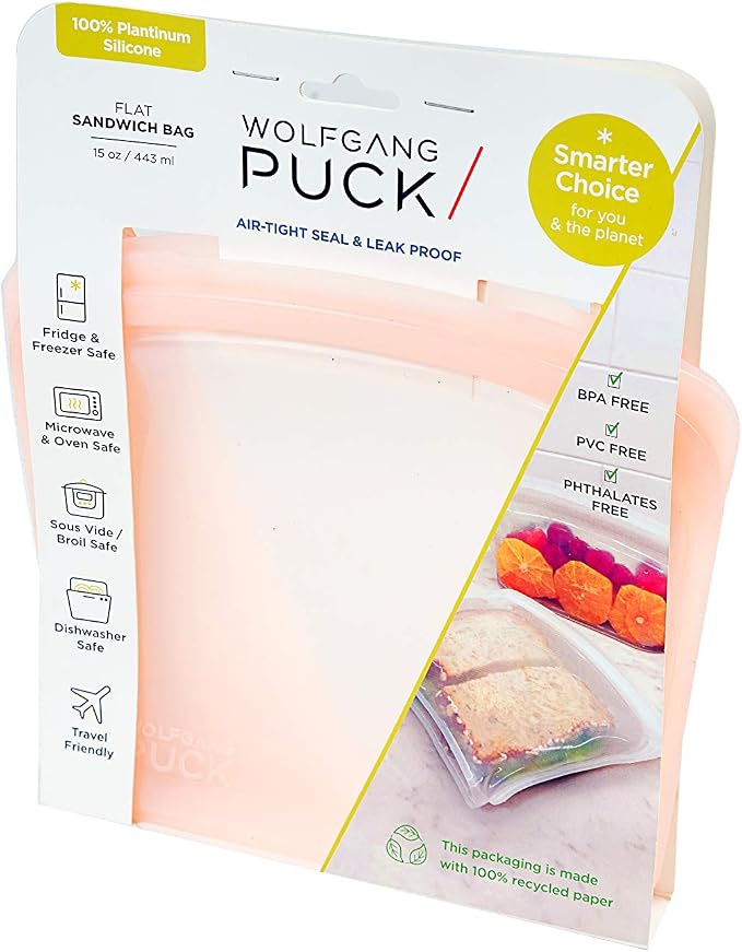 Wolfgang Puck 100% Silicone Food Grade, Reusable, Leak Proof, (BPA, PVC, Phthalates Free), (Microwave, Sous Vide, Dishwasher, Freezer Safe) Storage Bags for Dry Goods, Liquids, Snacks and More