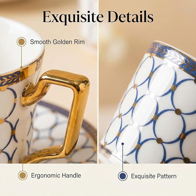 CwlwGO-European Bone China Tea Cup Sets, Blue and White Porcelain Tea Cups and Saucers Service for 4,Tea Sets For Women Party or Gifts Giving.
