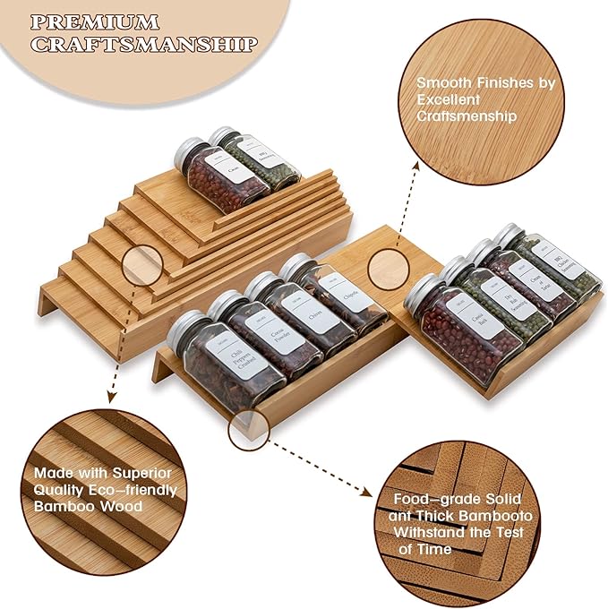 Bamboo Spice Rack Drawer Organizer - 8 Piece Set - 8" or 16" Wide