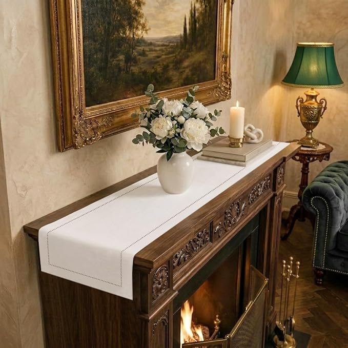 Signature Linen™ by D'Moksha White Table Runner 60 Inches, 100% Pure Linen, Hemstitch, Coffee Table Runner, 14 x 60 Inch for Dresser Tables- Summer, Father's & Independence Day