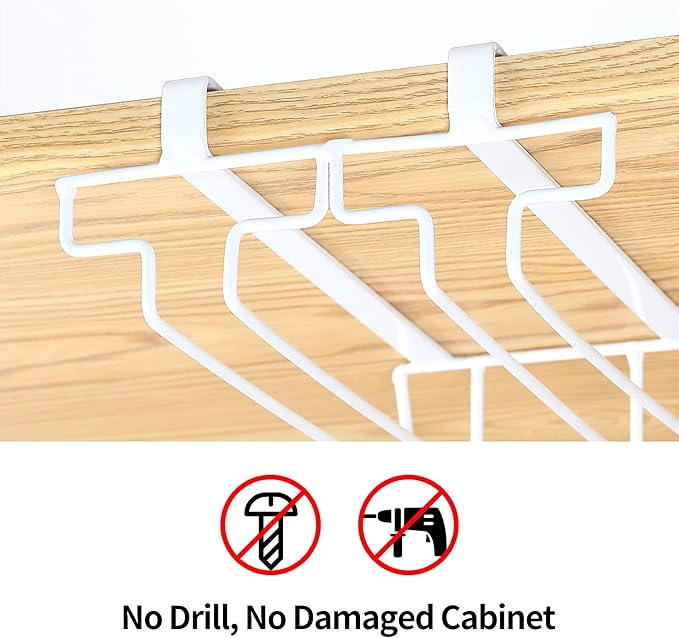 Wine Glass Rack Under Cabinet Drilling Free No Screw Steamware Holder Under Shelf Metal Wine Glasses Holders 304 Stainless Steel Hanger Storage Organizer Hanging Glass Fit for Bar Kitchen 2 Rows White