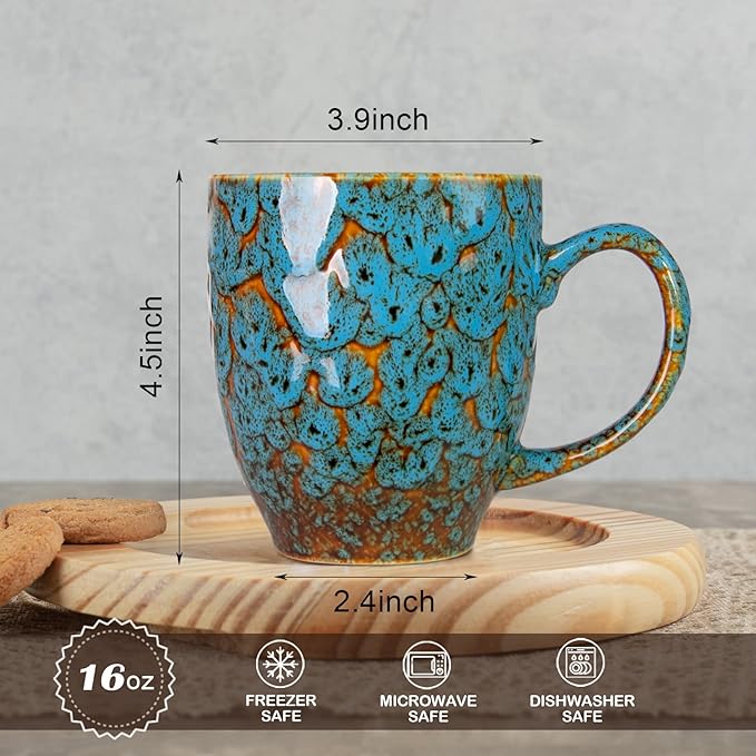 Durable 16 oz Ceramic Blue Coffee Mug, Large Coffee Cup with Ergonomic Handle, Ideal Tea Mug for Home, Office, Gift, Dishwasher & Microwave Safe (coffee, Tea, Hot Cocoa, Latte Cup)