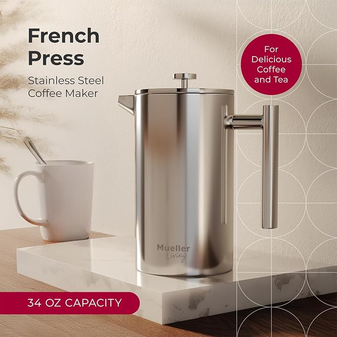 MuellerLiving French Press Coffee Maker 34oz, Stainless Steel French Press Coffee, 4 Filter Heat Resistant Double Insulated, Rust-Free, Food Grade, Dishwasher Safe Coffee Pot | 34oz | Stainless Steel | 4 Filter Heat Resistant Double Insulated | Rust-Fr...