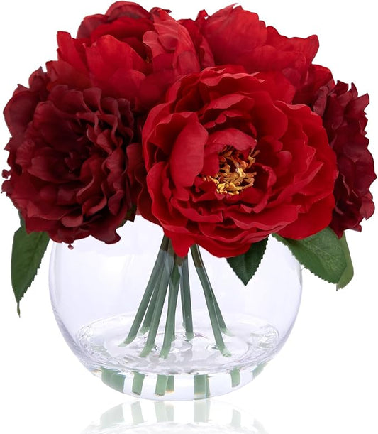 WELL KNOWN Peony Artificial Flowers in Vase, Burgundy Red Silk Flower Arrangement with Vase with Faux Water for Spring Home Table Centerpieces Wedding Birthday Party Decor & Mom's Birthday Gift