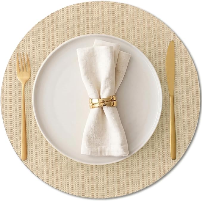 AHHFSMEI Round Placemats Set of 6 Woven Vinyl Non-Slip Heat Resistant Stain Resistant Easy Clean Place mats for Dining Table(Light Brown)
