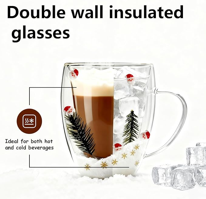 Christmas Glass Coffee Mugs Set Of 4-12oz Double Wall Insulated High Borosilicate Glasses Mugs With Handle For Latte,Cappuccino,Tea Bag