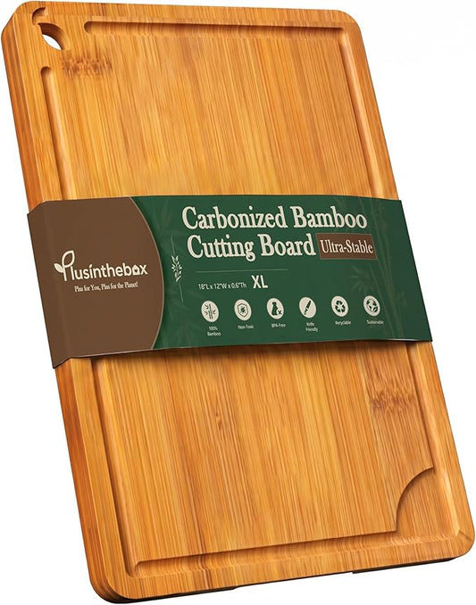 Cutting Board for Kitchen Meal Prep and Serving, Carbonized Bamboo Wood Butcher Block Chopping Board with Deep Juice Grooves and Side Handles for Meat, Bread, and Dough Kneading