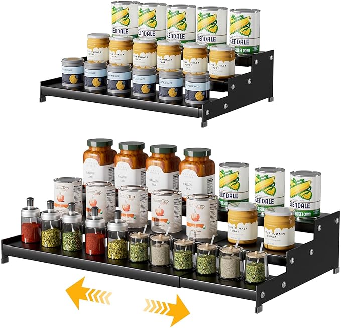 Expandable Carbon Steel Spice Rack Organizer for Pantry, Adjustable 3-Tier Ladder Shelf,Holds Up to 24 Cans,Kitchen Countertop Organizer, Rustproof Storage Rack for Spices, Cans, Sauces & Dry Goods