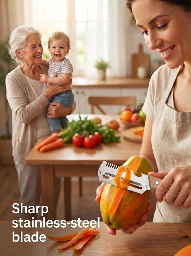 3 in 1 Multifunction Vegetable Peeler + Bottle Opener + Grater with Wooden Handle, Stainless Steel Hand Held Peeler for Potato, Pumpkin, Carrot, Fruit and Vegetable Peeler for Kitchen 2 Pcs