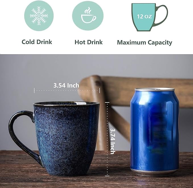 vicrays Coffee Mug Set, 12 Ounce, Set of 4, Ceramic Mug for Men, Women, Unique Glazed Mugs with Handle for Coffee, Tea, Milk, Cocoa, Cereal(blue)