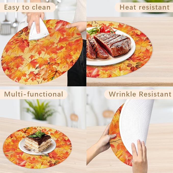 Round Placemats Set of 6, Autumn Maple Leaves Woven Placemats Mats Non-Slip Heat Resistant Washable Table Mats Round Braided Place for Farmhouse Kitchen Dining Party Decor 15in-2