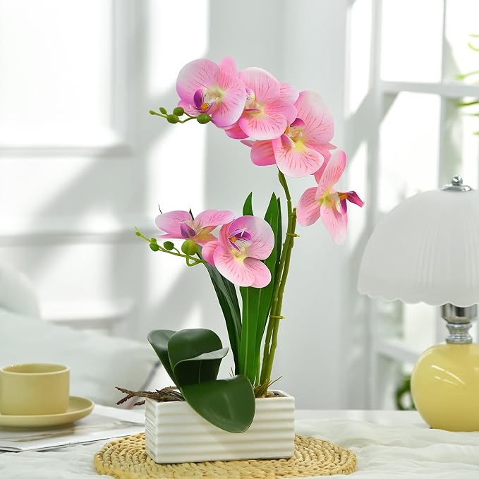 Artificial Real Touch Orchid Flowers in Pot Fake Phalaenopsis Flower with White Ceramic Vase Faux Orchids Arrangement for Home Table Office Wedding Party Decoration (Pink)