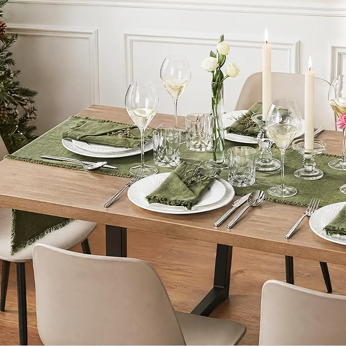 KINGSTONE 14 x 72 Inches Frayed Edge Table Runner, 270G Heavyweight Sand Washed Slub Texture Cotton Linen for Modern Farmhouse, Rustic Home Decorations Dining Room Wedding Boho Decor, Moss Green