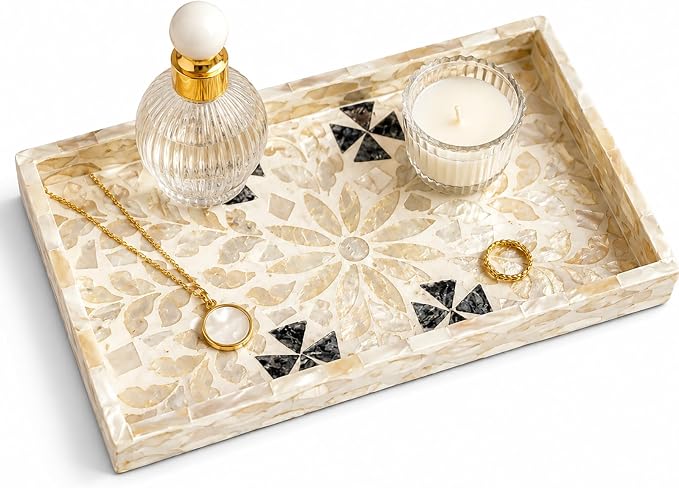 Mother of Pearl Inlay Wooden Tray – Handmade Decorative Rectangle Serving Tray for Coffee Table, Kitchen, Bathroom, Vanity or Living Room Decor,Golden Wicker 2