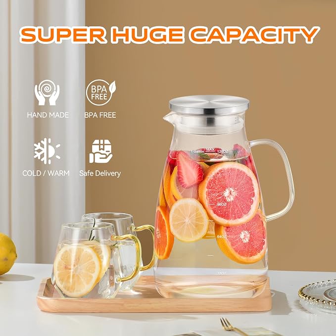 1 Gallon 128oz Glass Pitcher, Water Pitcher with Lid and Spout, Glass Carafe for Hot/Cold Drink, Water Jug for Iced Tea, Coffee, Juice, Milk, Beverage (Extra-Wide Mouth)
