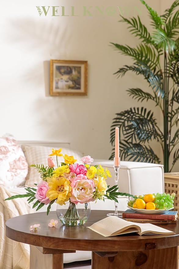WELL KNOWN Artificial Flowers Centerpieces in Glass Vase with Fake Water, Yellow & Hot Pink Silk Rose Peony & Fake Tulips Bouquet for Birthday Party Wedding Dining Table Office Decor & Mom's Gift