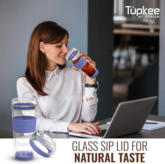 Glass Sip Lid Jacaranda - Replacement Double Wall Glass Tumbler, 14oz & 8oz Hand Blown Travel Mug