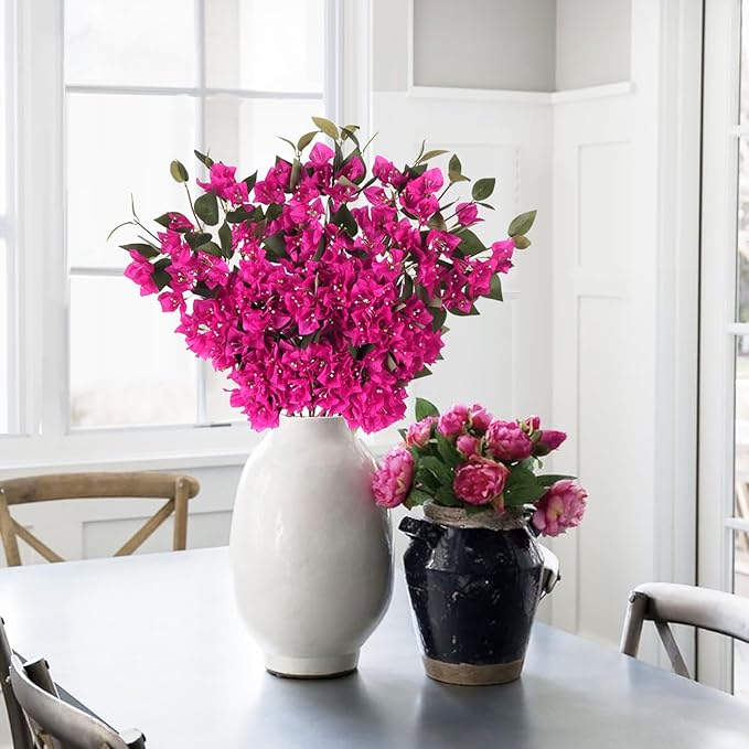 10PCS Artificial Flowers Bougainvillea Vines 29.50" Silk Bougainvillea Branches Deep Pink Faux Bougainvillea Long Stem Fake Flowers for Home Garden DIY Decor Wedding Centerpieces (Deep Pink)