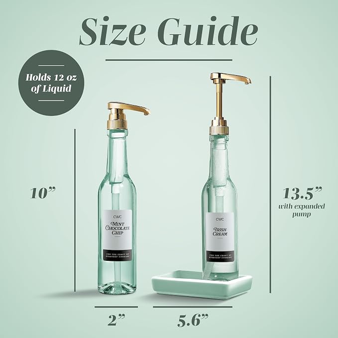 COOK WITH COLOR Glass Coffee Syrup Dispenser with Pump- Set of 2 Syrup Bottles for Coffee Bar, Decorative 350 ML Bottle with Ceramic Holder, Funnel, Labels and Extra Pumps, Sage