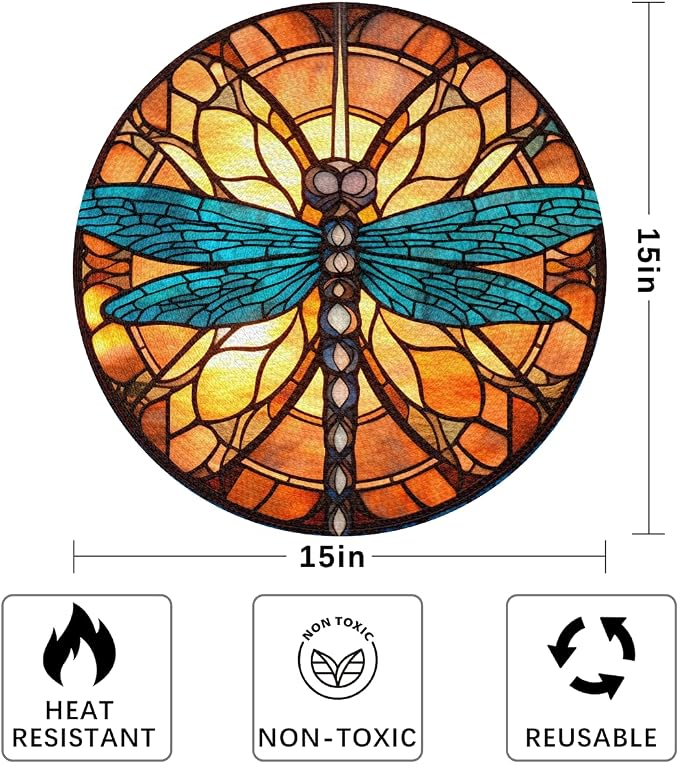 Round Placemats Set of 4, Dragonfly Glass Background Woven Placemats Mats Non-Slip Heat Resistant Washable Table Mats Round Braided Place for Farmhouse Kitchen Dining Party Decor 15in
