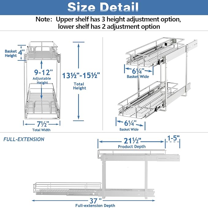 2 Tier Individual Pull Out Cabinet Organizer 7½" W x 21½" D, Heavy Duty Cabinet Pull Out Shelves, Slide Out Drawers Organization for Kitchen Cabinets Bathroom