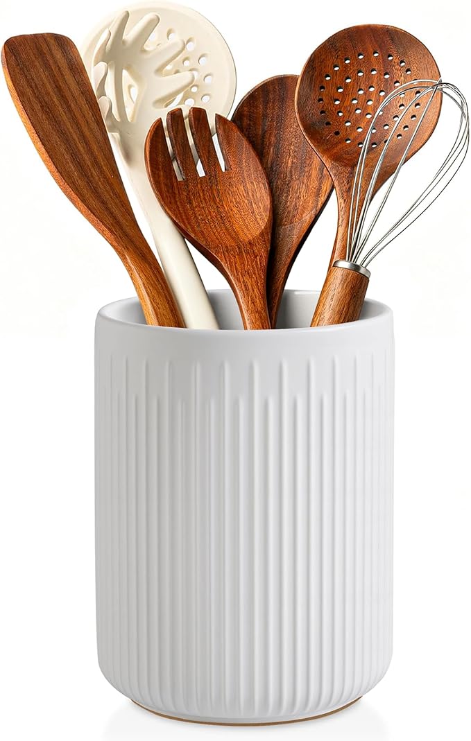 6.5" Utensil Holder, Ceramic Kitchen Utensil Holder for Countertop with Protection Cork Bottom, Stable Cooking Utensil Crock, Vintage Farmhouse kitchen Decor, White