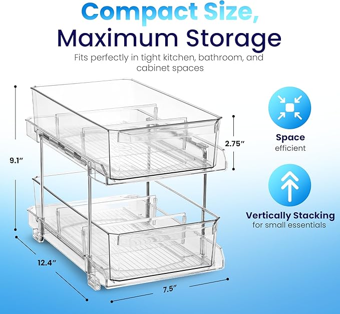 Masirs 2-Tier Clear Pull-Out Drawer Organizer - Sleek, Compact & Sturdy Makeup and Closet Organizer - Easy Assembly Kitchen Storage Solution, Ideal for Makeup, Tools, Medicines 4-Pack