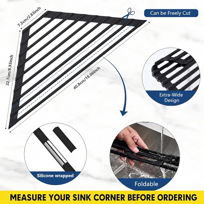 Credon Triangle Roll Up Dish Drying Rack Over The Sink, Triangular Sink Rack, Sink Corner Foldable Silicone Coated Stainless, Anti-Slip Organizer for Kitchen, Heat-Resistant, Non-Slip (Black)