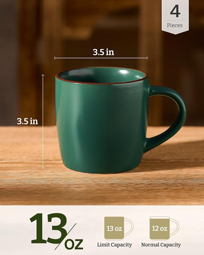 famiware Mercury Coffee Mugs 13 oz, Coffee Mugs Set of 4 with Handle, Cups for Latte, Hot Tea, Cappuccino, Mocha, Cocoa, Dark Green